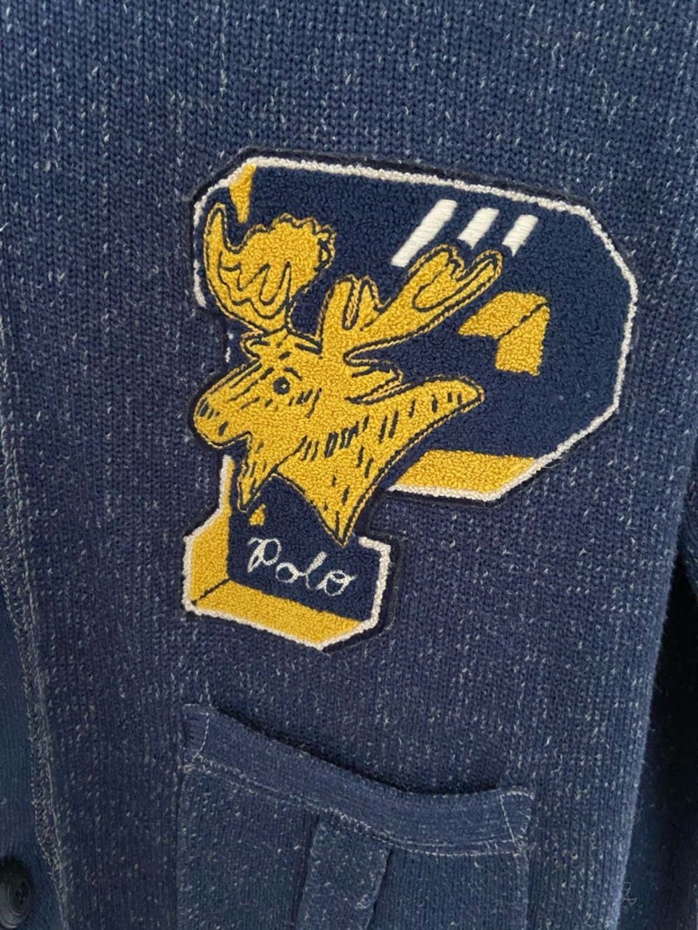 Polo by Ralph Lauren Navy Varsity Cardigan with Gold Patch and Stripes-M - Picture 3 of 4